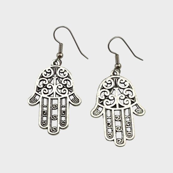 Antiqued Silver Tone Hamsa Hand Earrings Stainless Steel French Hooks - Picture 1 of 7